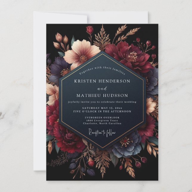 Convite Burgundy Floral Opulent Romance Wedding (Frente)