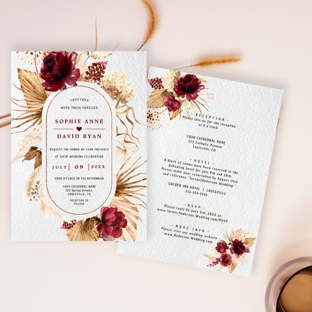 Convite Burgundy Floral Pampas Grass Em Um Casamento (Burgundy pampas grass wedding invite, trendy terracotta floral wedding, modern floral dried leaves)
