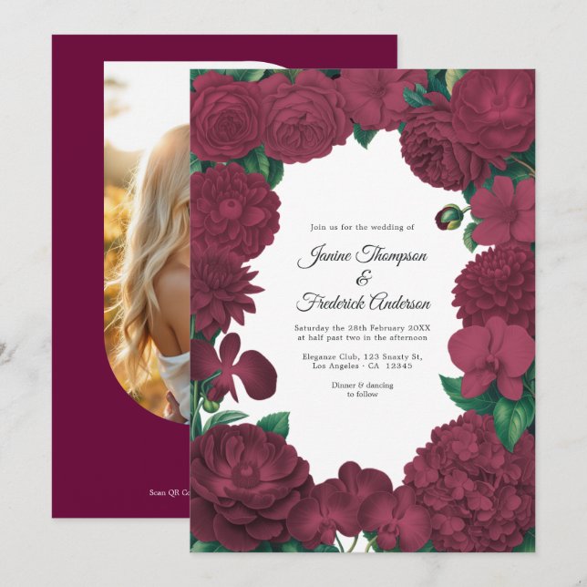 Convite Burgundy Floral Photo and QR Code Wedding (Frente/Verso)