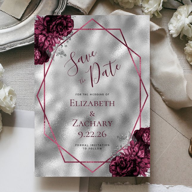 Convite Burgundy Floral Prata Poligonal Save the Date (Criador carregado)