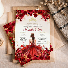Convite Burgundy Floral Princesa Dourada Quinceanera