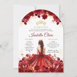 Convite Burgundy Floral Princess Gold Quinceanera Invitati