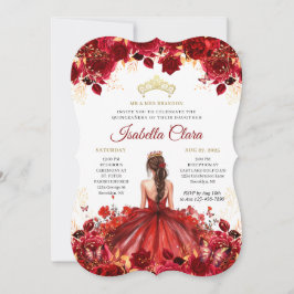 Convite Burgundy Floral Princess Gold Quinceanera Invitati