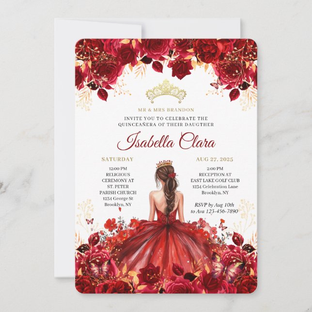 Convite Burgundy Floral Princess Gold Quinceanera Invitati (Frente)
