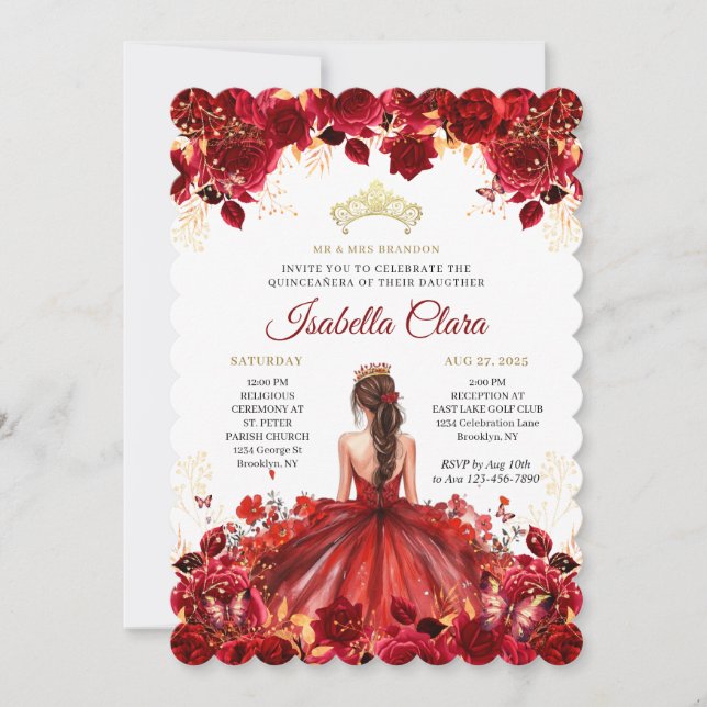 Convite Burgundy Floral Princess Gold Quinceanera Invitati (Frente)