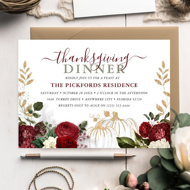 Convite Burgundy Floral Pumpkin Ação de Graças (Criador carregado)