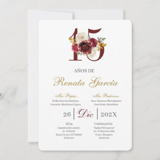 Convite Burgundy floral quinceañera invitation
