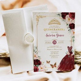 Convite Burgundy Floral Quinceañera Princess Mis Quince