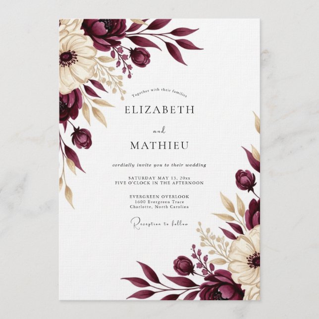Convite Burgundy Floral Romantic Wedding (Frente)