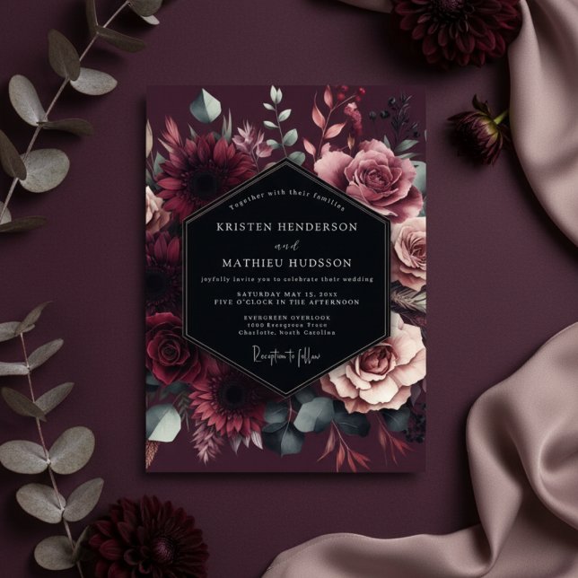 Convite Burgundy Floral Romantic Wedding (Criador carregado)