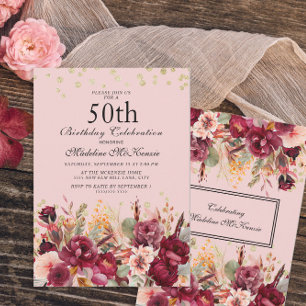 Convite Burgundy Floral Rosa Brilho Dourado Aniversário de