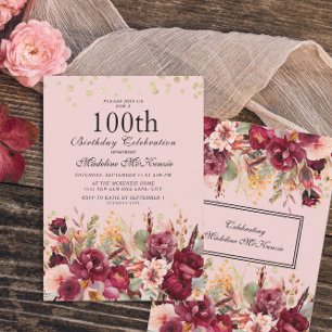 Convite Burgundy Floral Rosa Brilho Dourado Aniversário de
