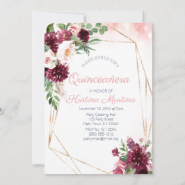 Convite Burgundy Floral Rosa Dourada Quinceañera Aniversár