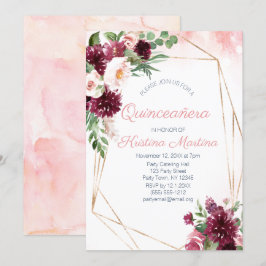 Convite Burgundy Floral Rosa Dourada Quinceañera Aniversár