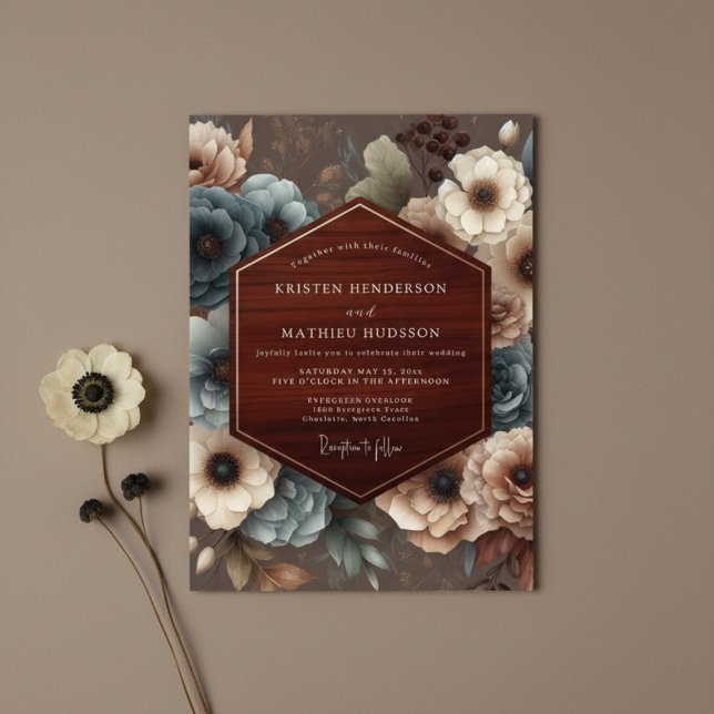 Convite Burgundy Floral Rustic Romance Wedding (Criador carregado)