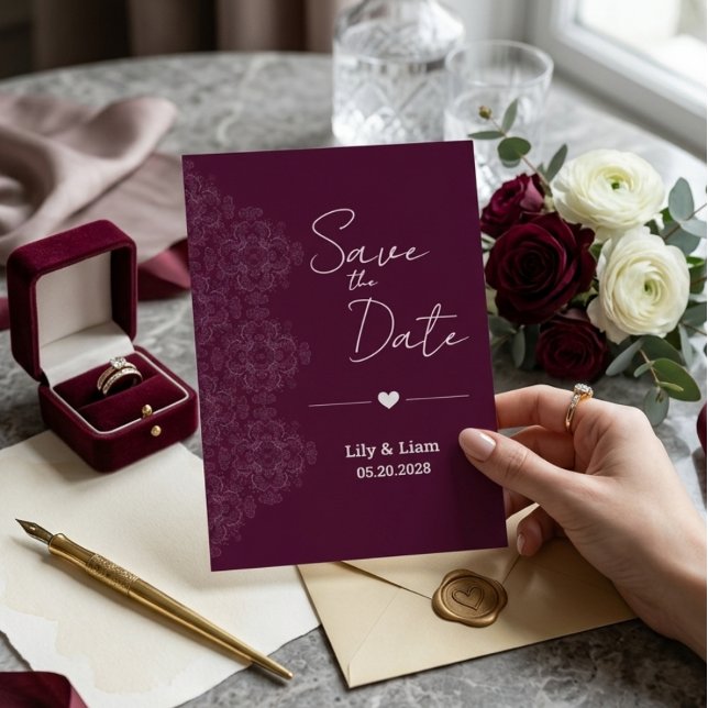 Convite Burgundy Floral Save the Date Wedding Invitation (Criador carregado)