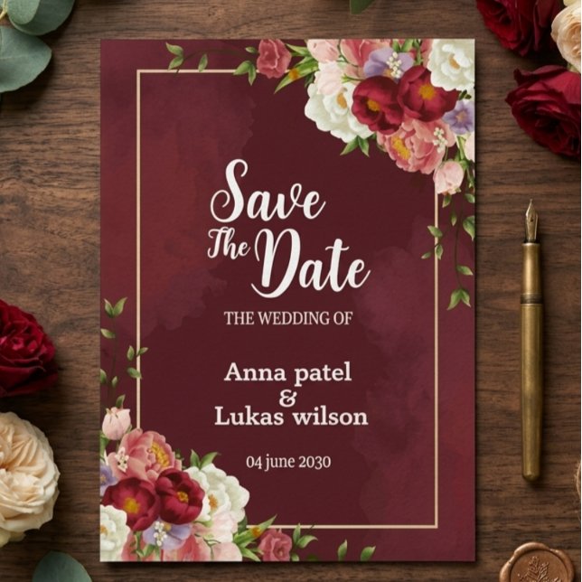 Convite  Burgundy Floral Save the Date Wedding Invitation (Criador carregado)