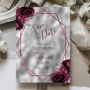 Convite Burgundy Floral Silver Polygonal Salve a Data