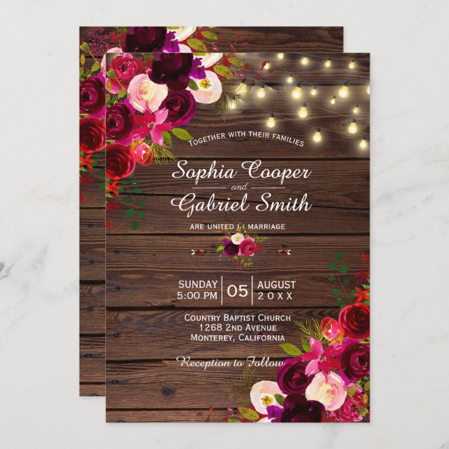 Convite Burgundy Floral | String Lights Wood Weding (Frente/Verso)