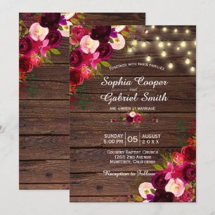 Convite Burgundy Floral   String Lights Wood Weding