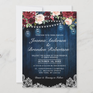 Convite Burgundy Floral String Luzes Mason Jar Weding