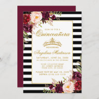 Burgundy Floral Stripes Quinceanera Dourada Coroa