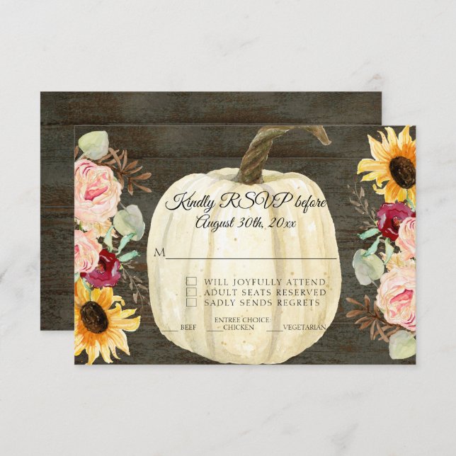 Convite Burgundy Floral Sunflower n Pumpkin Dark Wood RSVP (Frente/Verso)