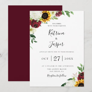 Convite Burgundy Floral Sunflower Wedding