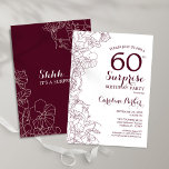 Convite Burgundy Floral Surpresa 60ª Festa de aniversário<br><div class="desc">Surpresa floral branca e brilhante 60º convite de aniversário. Design de marrom marrom moderno elegante,  com sotaque botânico e letra tipográfica. Simples cartão de convite floral perfeito para uma festa surpresa na moda. Pode ser personalizado para qualquer idade. Impressos convites Zazzle ou modelo de impressão digital instantânea para download.</div>