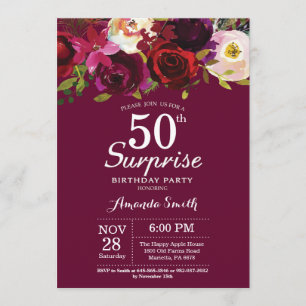 Convite Burgundy Floral Surprise 50th Festa de aniversário