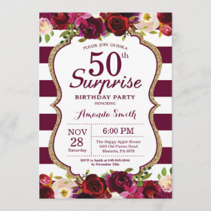 Convite Burgundy Floral Surprise 50th Festa de aniversário