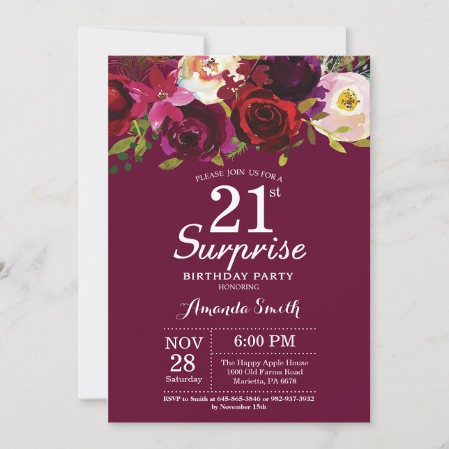 Convite Burgundy Floral Surprise aniversário de 21 anos (Frente)
