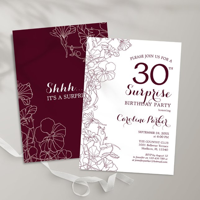 Convite Burgundy Floral Surprise aniversário de 30 anos (Criador carregado)