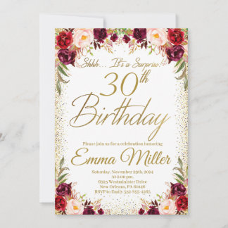 Convite Burgundy Floral Surprise aniversário de 30 anos