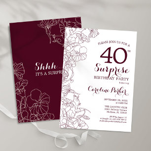 Convite Burgundy Floral Surprise aniversário de 40 anos