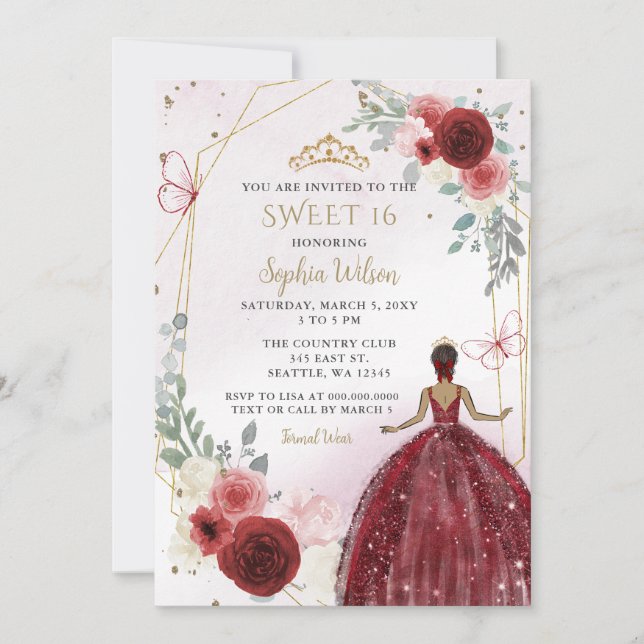 Convite Burgundy Floral Tan Princess Sweet 16 (Frente)
