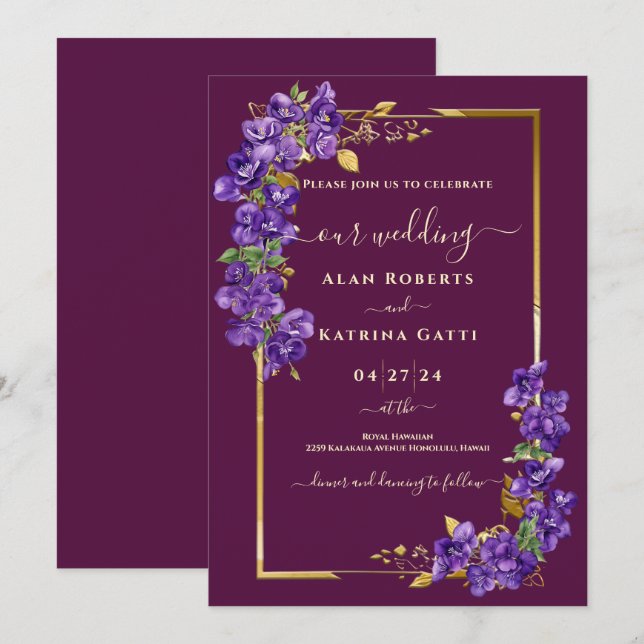 Convite Burgundy Floral Violeta Roxa Elegante (Frente/Verso)