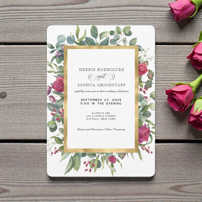 Convite Burgundy Floral w/Gold Frame Wedding Invitation  (Criador carregado)