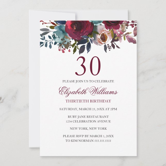 Convite Burgundy Floral Watercolor aniversário de 30 anos  (Frente)