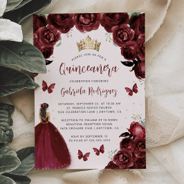 Convite Burgundy Floral Watercolor Princesa Quinceañera