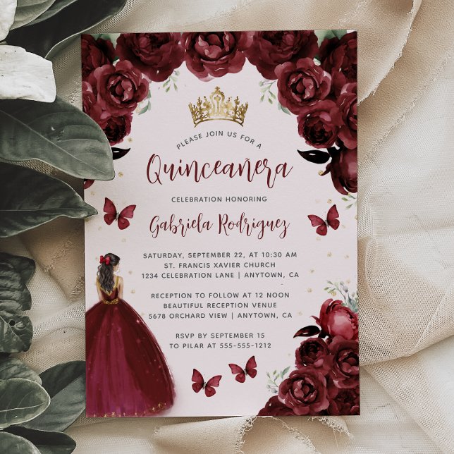 Convite Burgundy Floral Watercolor Princesa Quinceañera (Criador carregado)