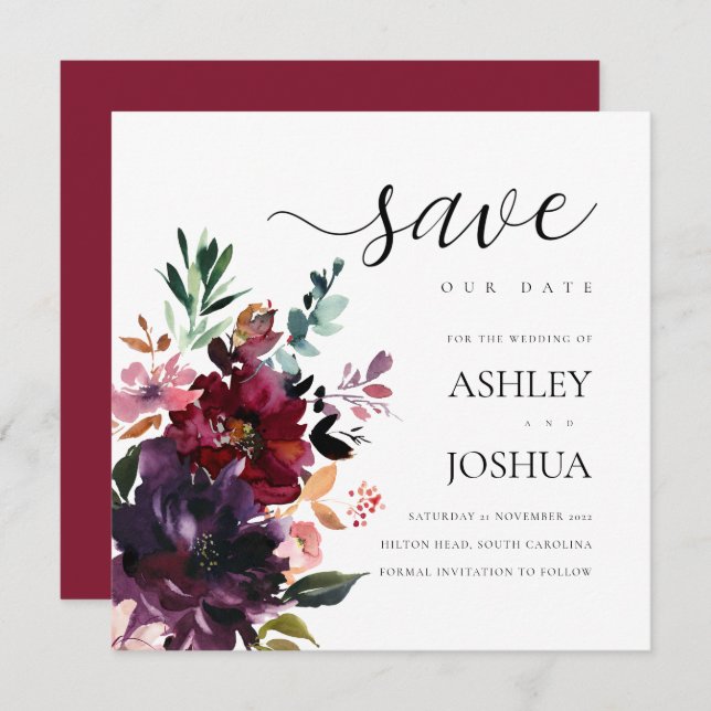 Convite Burgundy Floral Watercolor Salvar Data (Frente/Verso)
