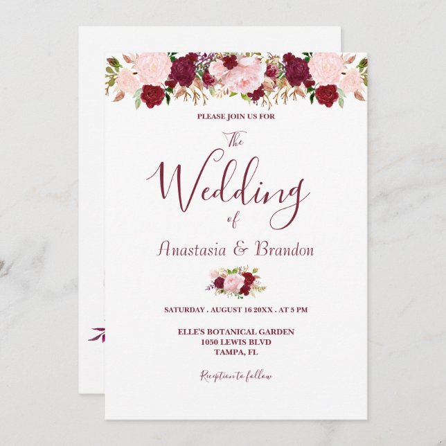 Convite Burgundy Floral Wedding (Frente/Verso)