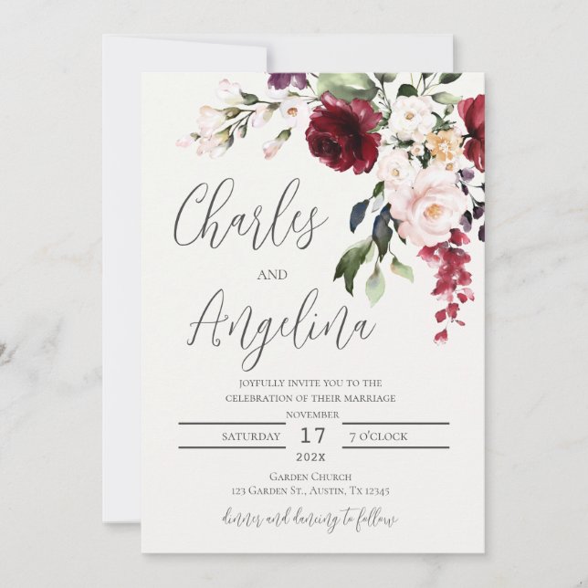 Convite Burgundy Floral Wedding (Frente)