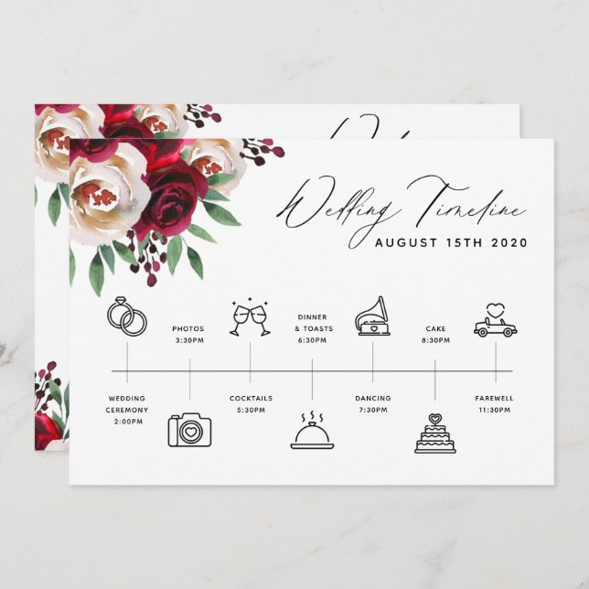 Convite Burgundy Floral Wedding Timeline Program & Welcome (Frente/Verso)