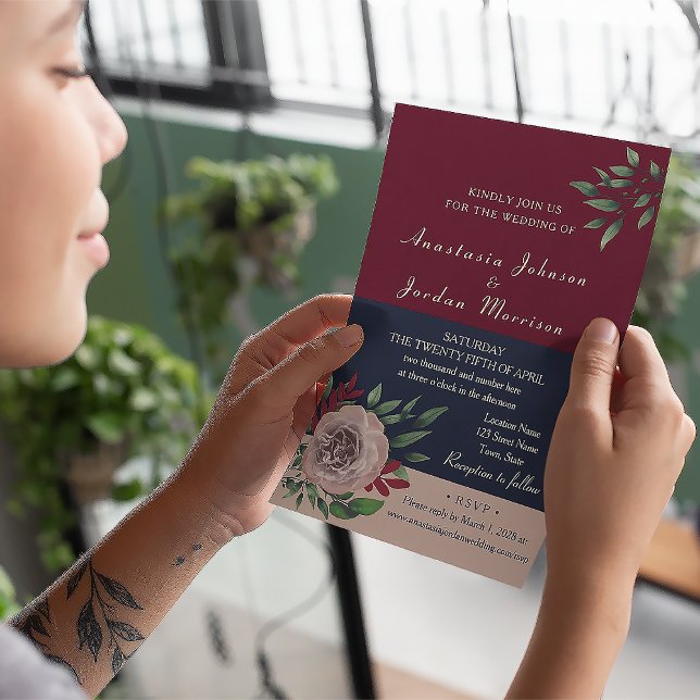 Convite Burgundy Floral Wedes All in One (Criador carregado)