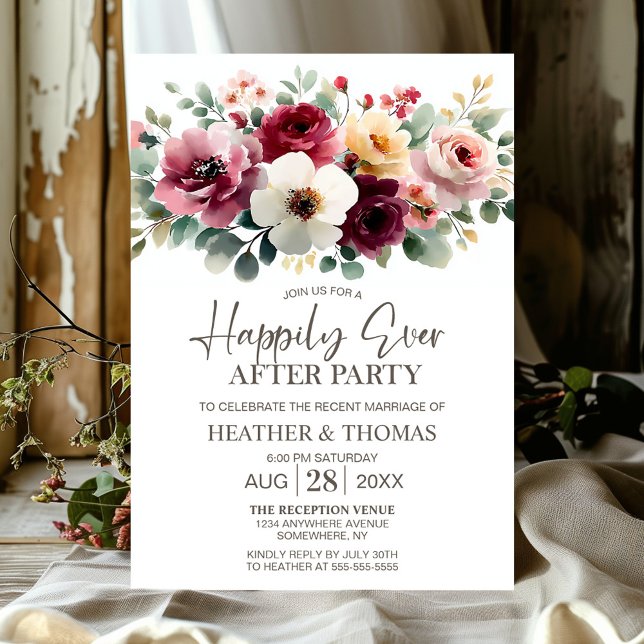 Convite Burgundy Floral Weding After Party (Criador carregado)
