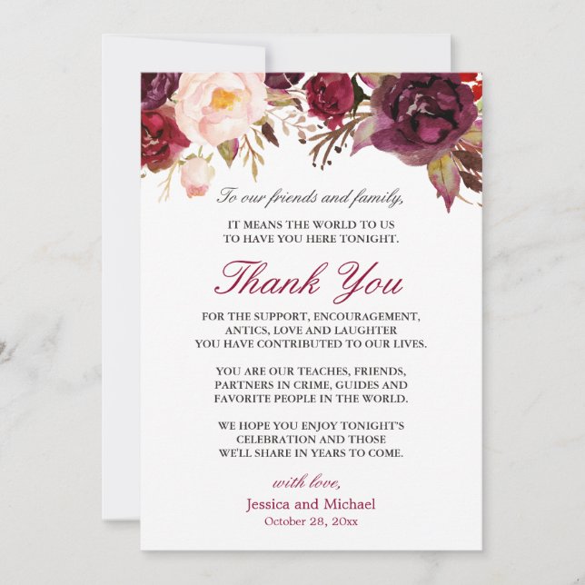 Convite Burgundy Floral Weding Setting Obrigado (Frente)