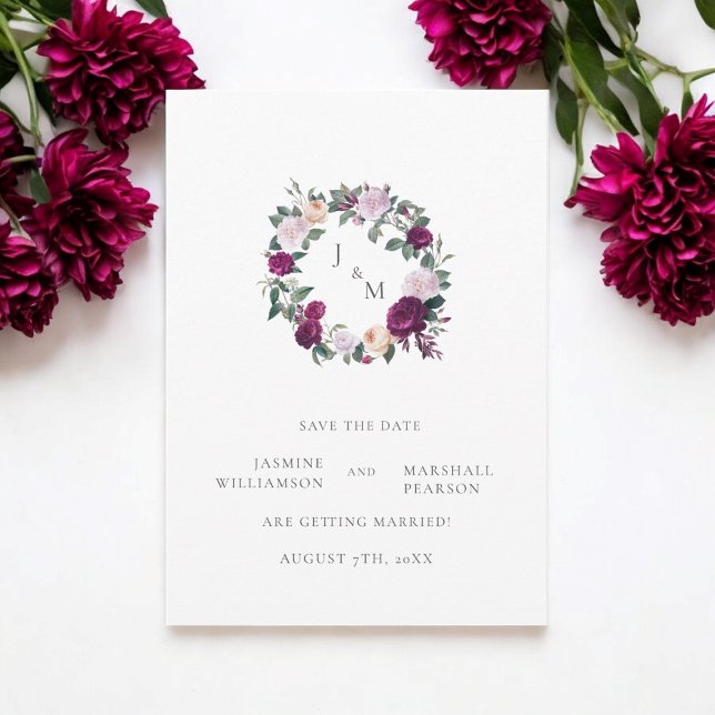 Convite Burgundy florals elegante salvar a data (stunning save the date card with monogram and a floral wreath )