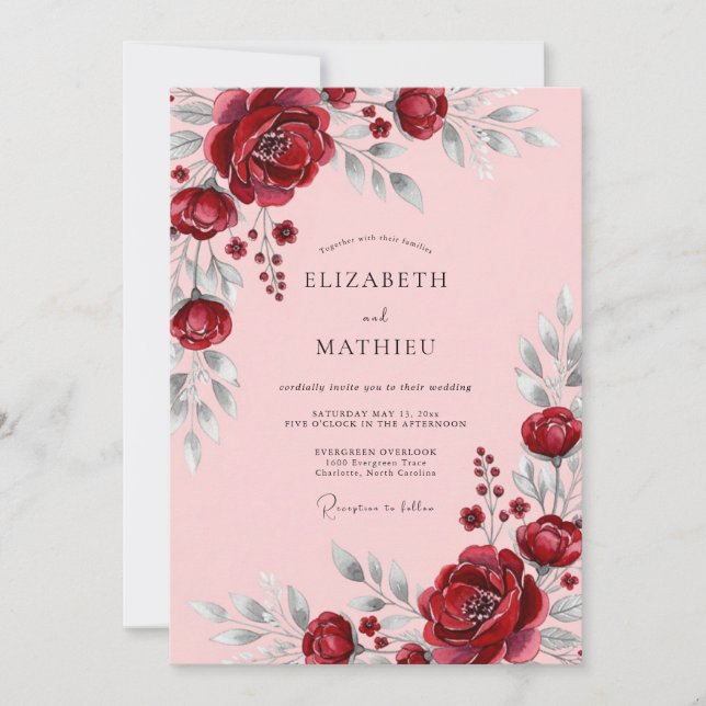 Convite Burgundy Flourishing Romantic Wedding (Frente)
